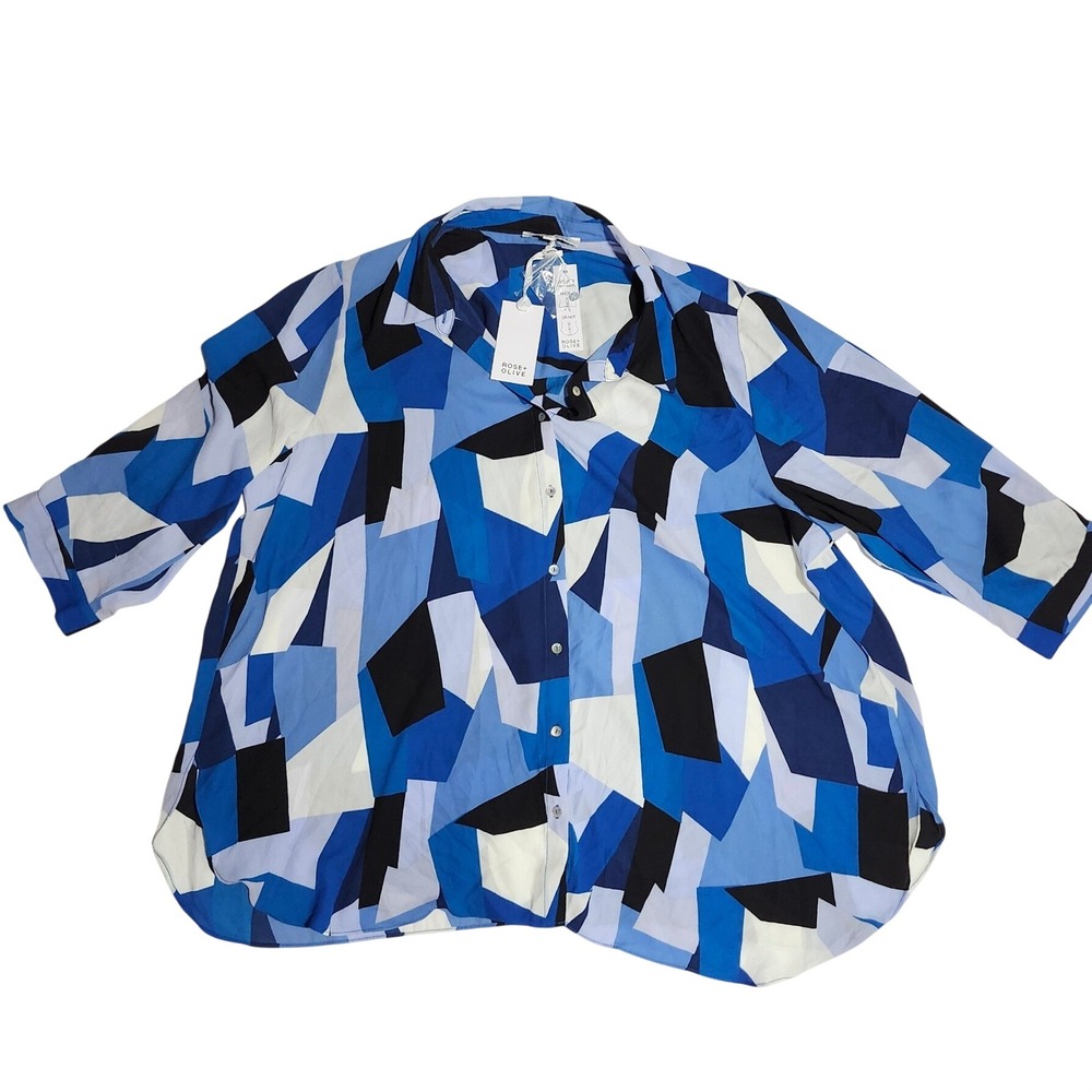 Rose + Olive Blue Black White Geometric Abstract Button Down Shirt NWT